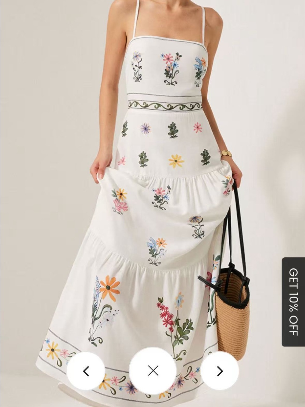 Boho Lace-Up Back Cami Dress - White with Multicolor Floral Embroidery - Picture 3 of 6